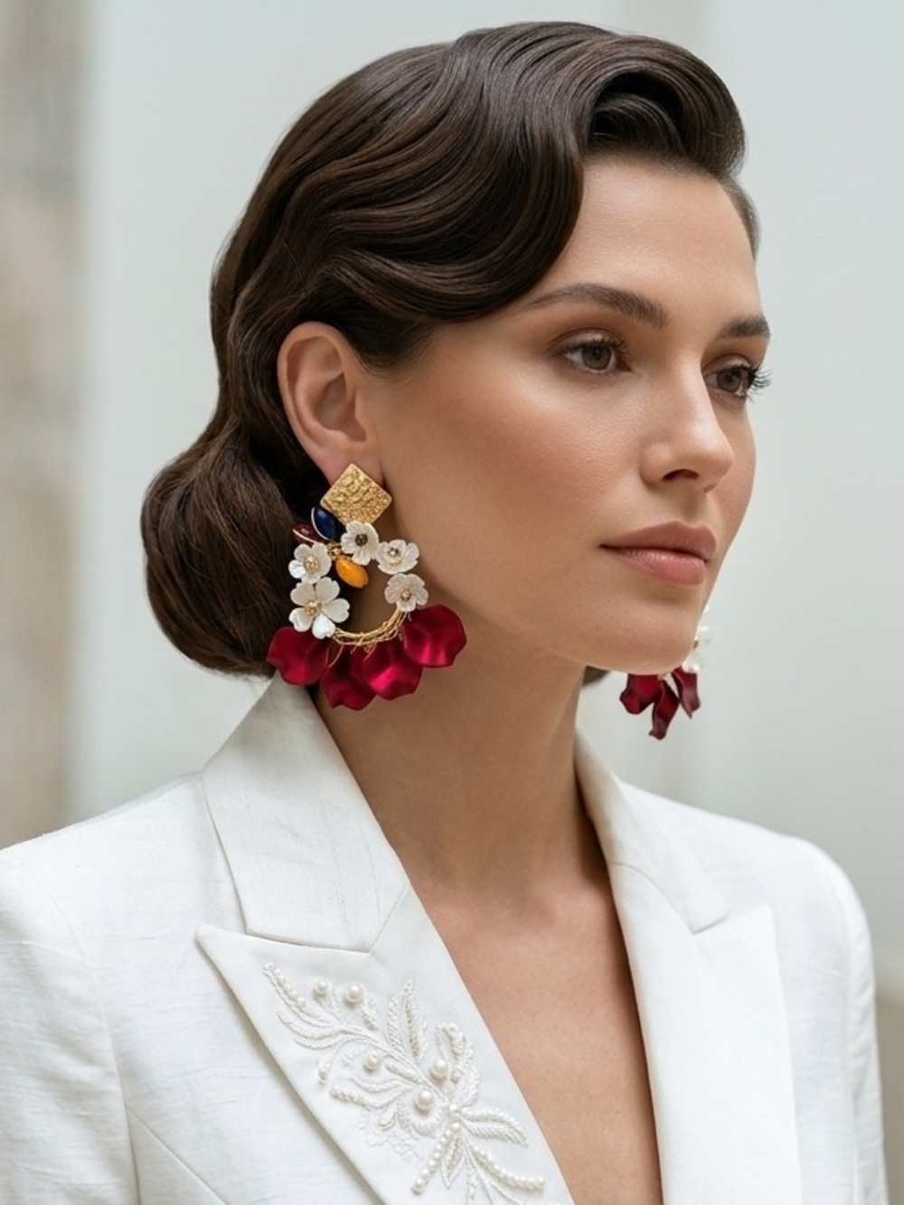 Source Unknown Gold Floral Statement Earrings with Red and White Accents